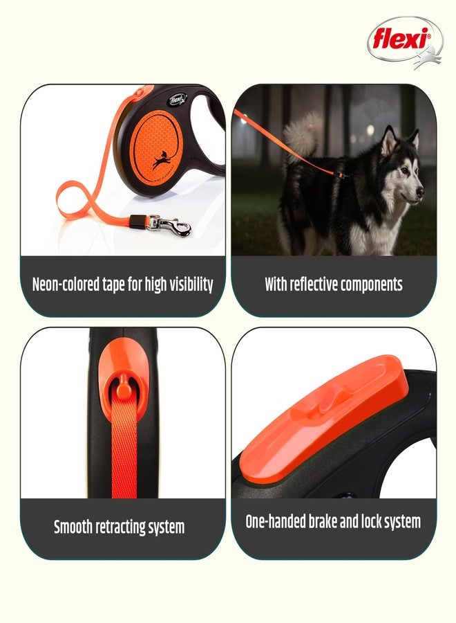 فلكسي طوق كلاب مرن قابل للسحب، طوق جديد بشريط نيون، مقبض مانع للانزلاق، نظام فرامل بيد واحدة، 5 أمتار/16 قدمًا، يتحمل وزنًا يصل إلى 25 كجم، مناسب للكلاب متوسطة الحجم، برتقالي - Image 4